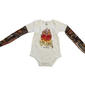 “Wild Child” Las Vegas biker baby onesie w silky sleeves tattoo design 3-6 month